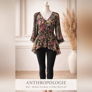 Anthropologie XL Boho Floral Cupro Blouse Smocked Waist Flowy Romantic Top
